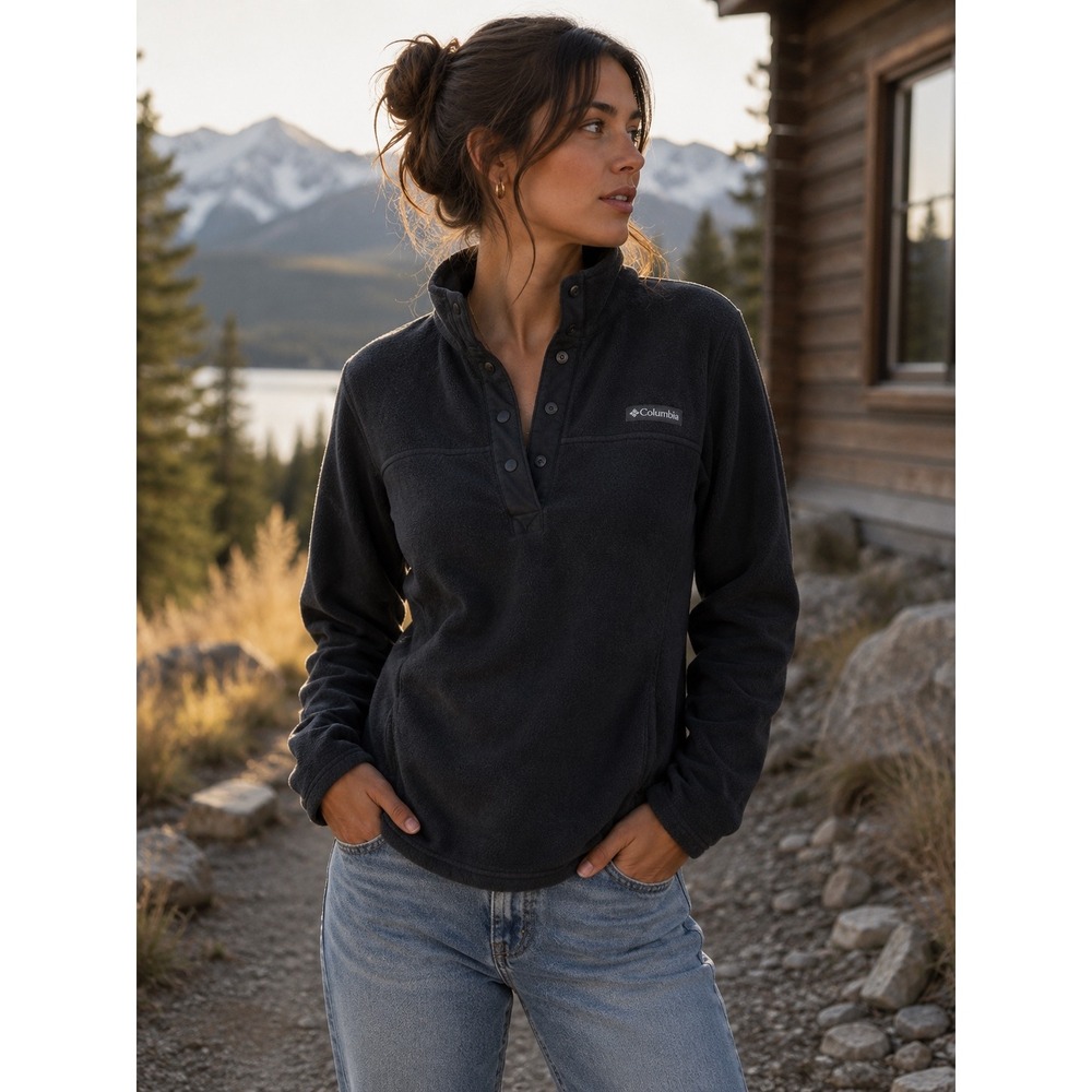 Columbia Benton Springs Black Fleece Snap‎ Front Pullover Sweater Womens